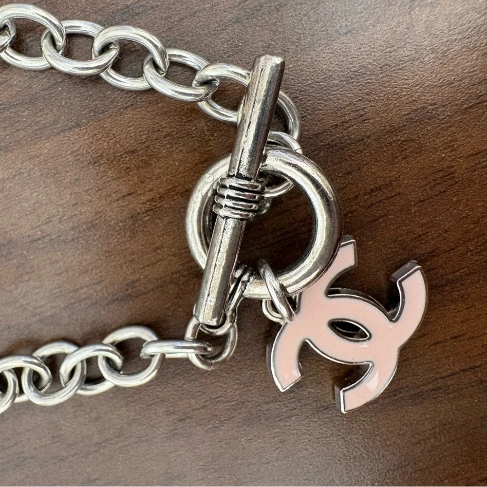 CHANEL Silver Toggle CC Charm Bracelet with Pale Pink Enamel - Picture 4 of 6
